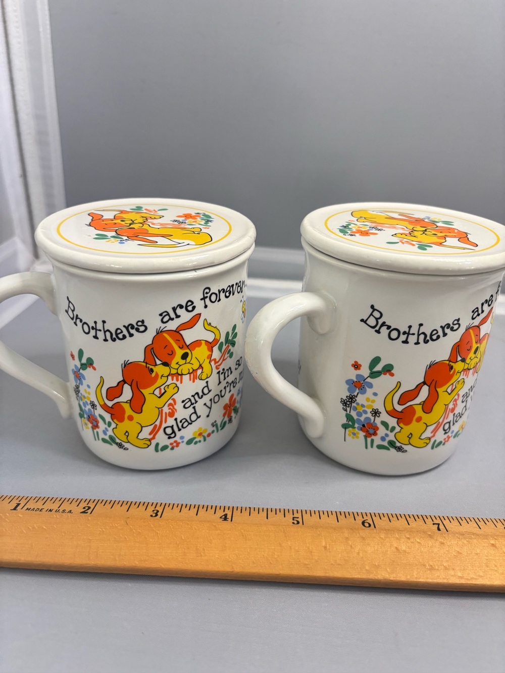 2 JSNY Brothers Are Forever Coffee Mugs with Lids Taiwan Puppy Dog Pair